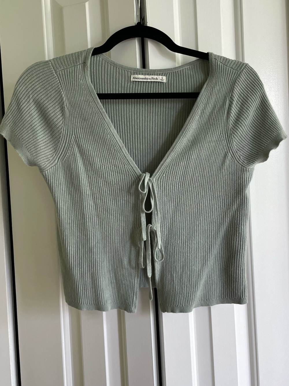 Abercrombie & Fitch Light Sage Ribbed Tie-Front Short Sleeve Top